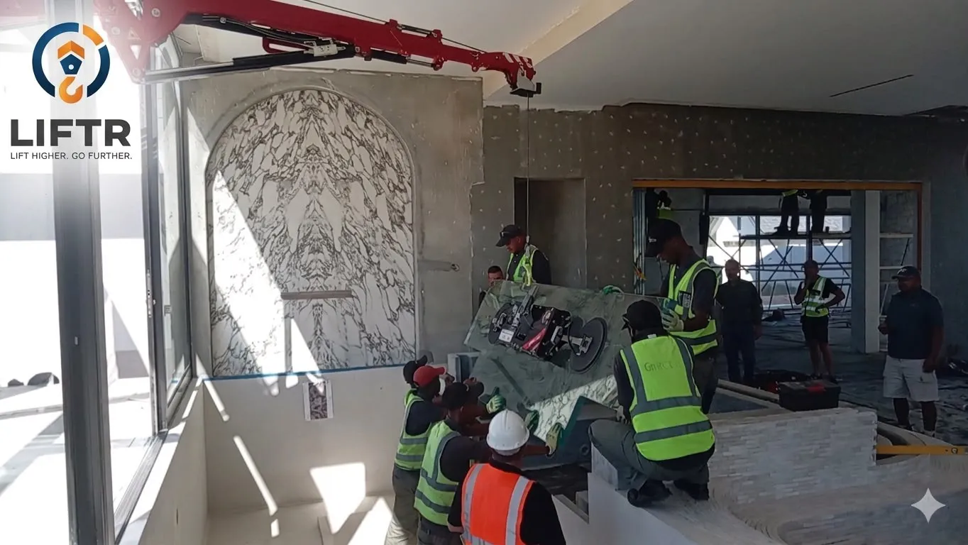 Liftr crew guiding a large glass panel into place indoors with a vacuum lifter